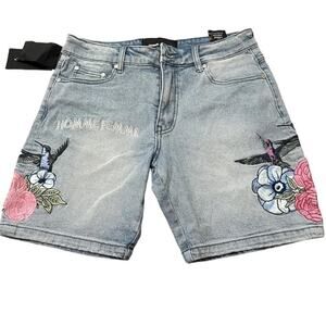 Homme + Femme Embroidered denim shorts hummingbirds, Unisex 34 or 44, new w/ tag
